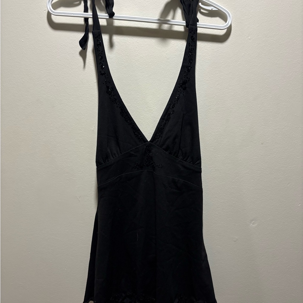 3/$30 Black Beaded Halter Top - Sequin Details & Lettuce Trim Hem- Y2K Aesthetic